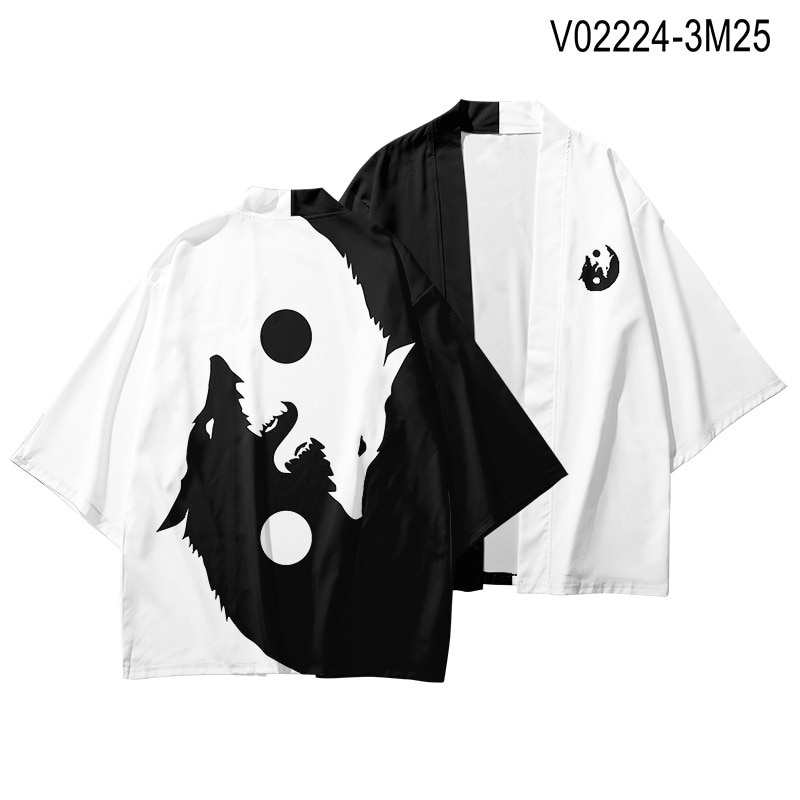 Áo choàng kimono hóa trang Samurai màu trắng đen phong cách Harajuku Nhật Bản