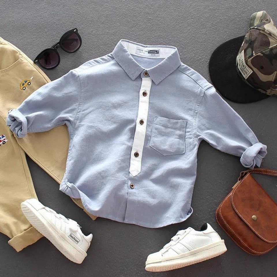 Áo sơ mi trơn dài tay cổ đức cho bé trai cao 80-150cm, nặng 8-35kg