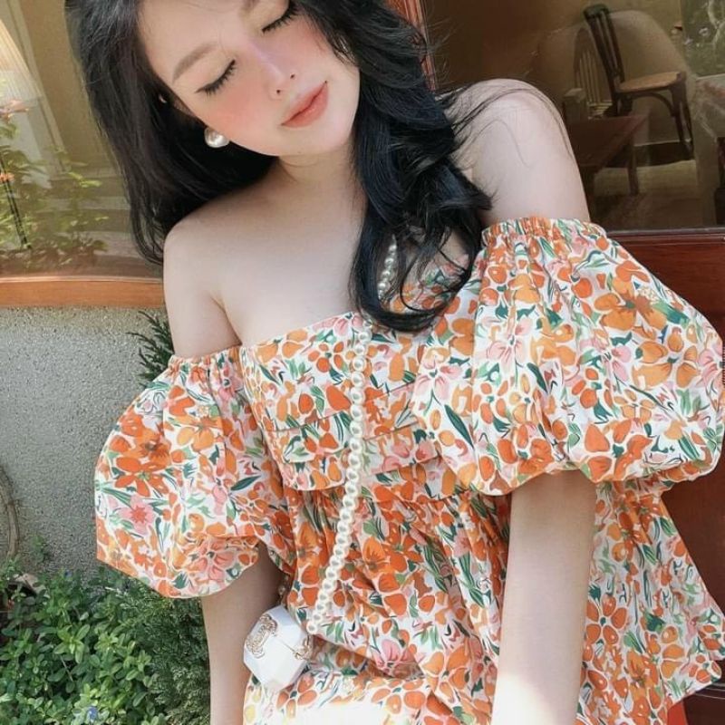 ÁO HOA TAY BỒNG LƯNG BO CHUN XANH/HỒNG