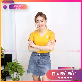 Áo thun nữ cổ tim phối ren lưới vải borip cao cấp - mã qn651122 - xưởng áo thun xịn sò