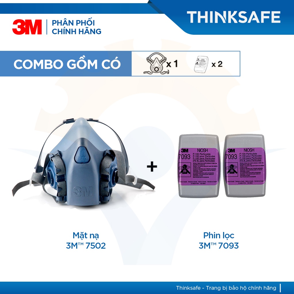 Mặt nạ phòng độc 3M 7502 kết hợp phin lọc 3M 7093 | Chống độc, phun sơn, bụi mịn - Thinksafe