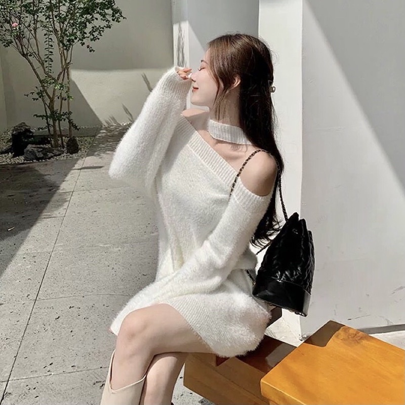 Áo len trễ vai lông thỏ tiểu thư choker trắng oversize loại 1-video thật | BigBuy360 - bigbuy360.vn