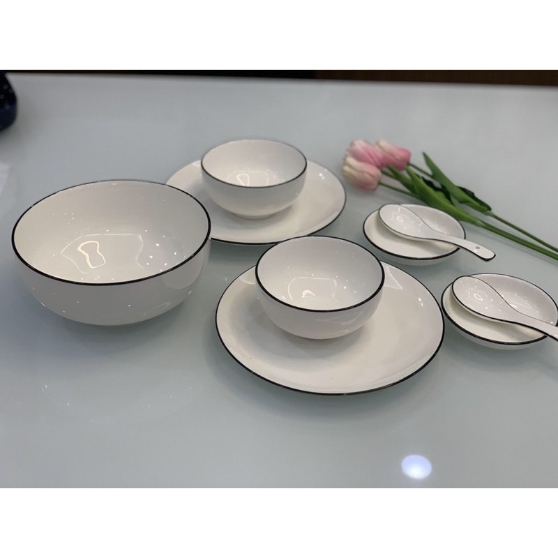 Đĩa tròn size  7-8 inch, đĩa sứ trắng, bộ bát đĩa trắng trơn viền đen, đồ dùng bàn ăn