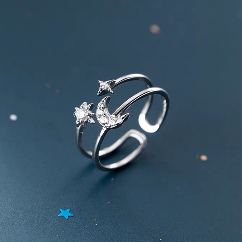 Phong cách hàn quốc sáng bóng trăng sao hai lớp mở nhẫn phụ nữ
