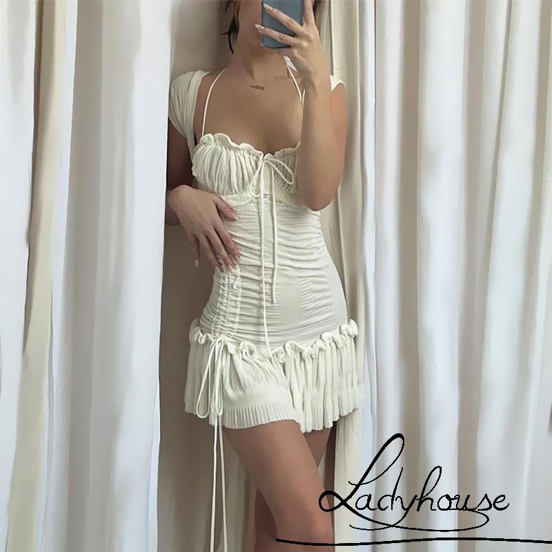 Ldd-đầm Tay Ngắn Dây Rút Màu Trắng Thời Trang Mùa Hè Dành Cho Nữ