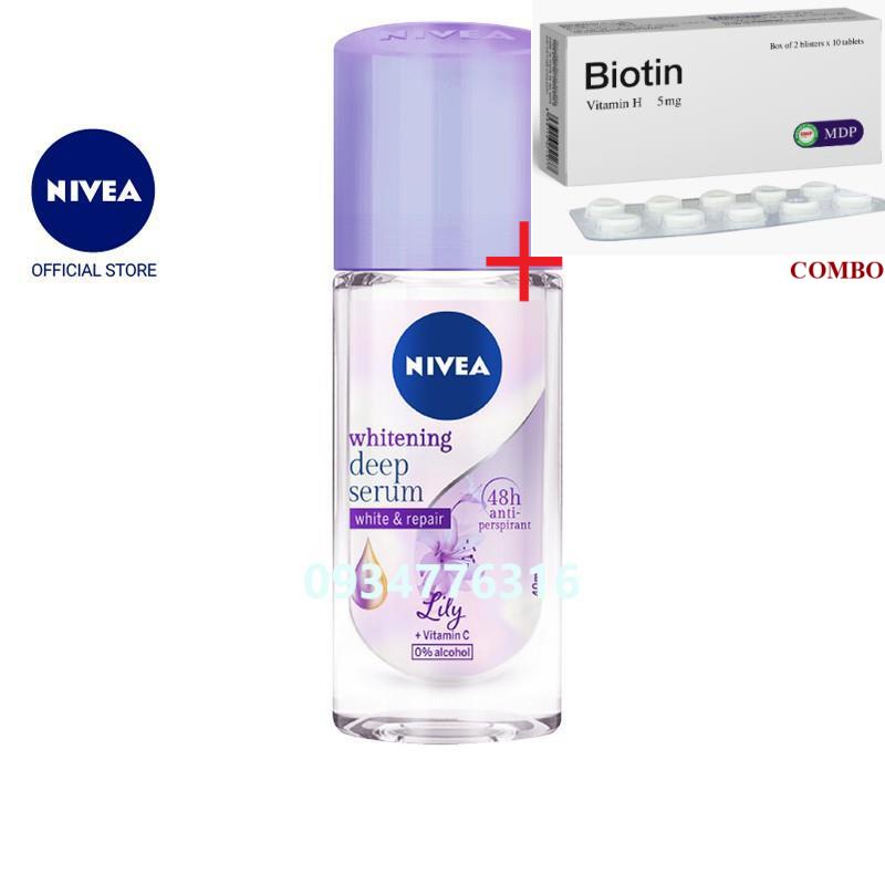 Combo Biotin 5mg+ ✅ Lăn ngăn mùi Nivea serum trắng mịn hương hoa Lily (40ml)