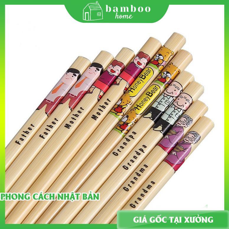 Đũa tre in hình gia đình ông, bà, bố, mẹ, heo con, gấu BAMBOOO ECO an toàn vệ sinh, sử dụng cho gia đình, nhà hàng