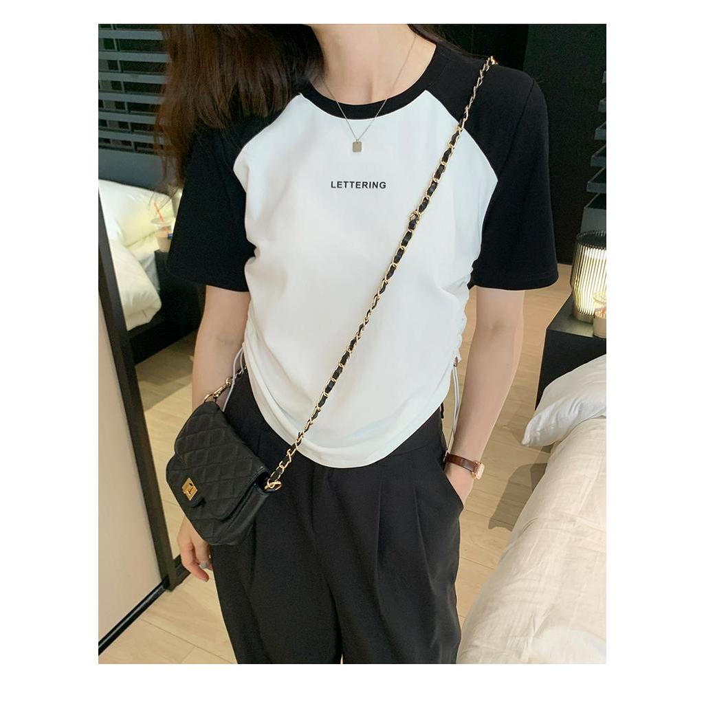 Áo Thun Tay Ngắn Cổ Tròn In Chữ Rút Dây Phong Cách Hàn Quốc Thời Trang Mới 63624