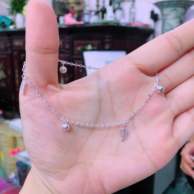 Lắc chân nữ bạc mic chuông dây xích gắn lá nhỏ - Bạc Bibi