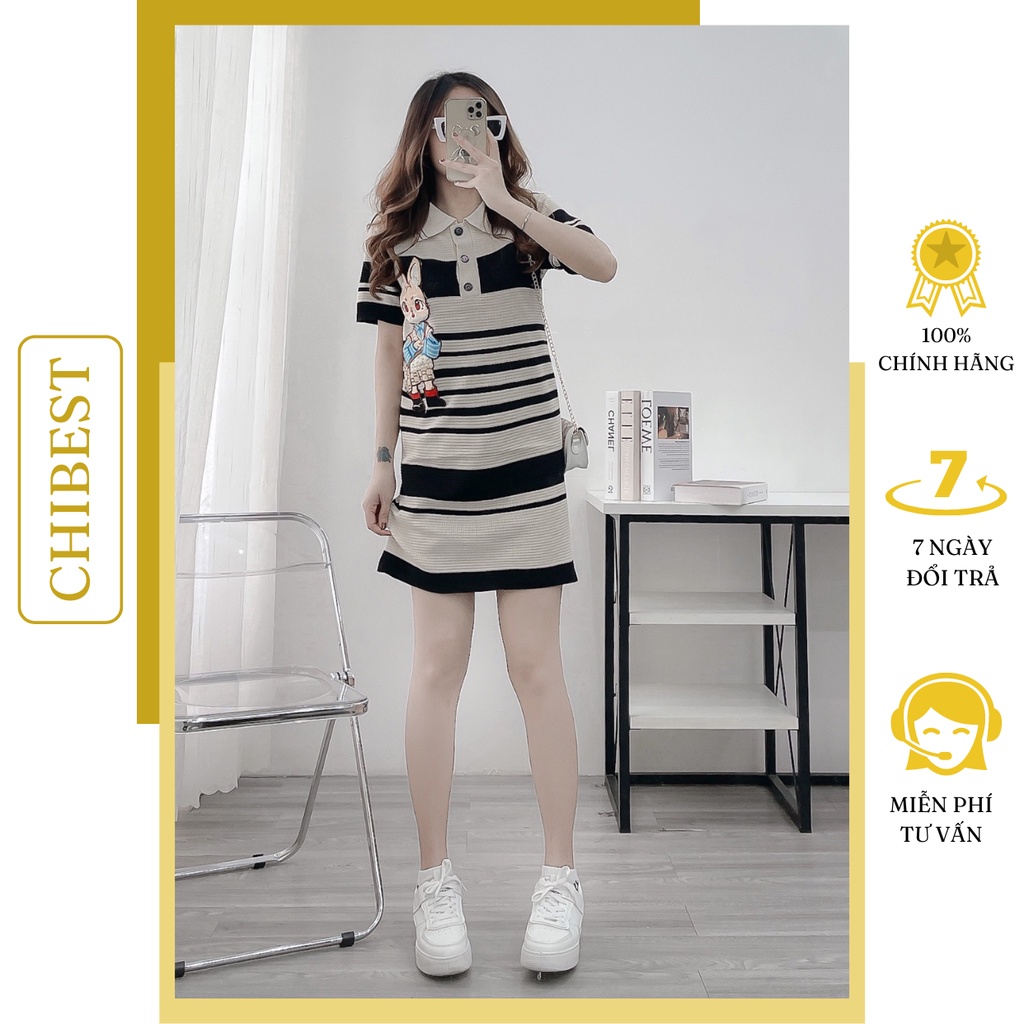 Đầm len suông thêu hình thỏ năng đơn giản , năng động CHIBEST HUB71