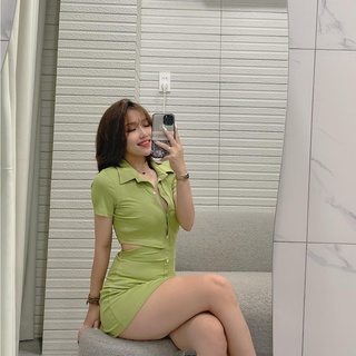 ĐẦM XANH KHOÉT EO CỔ POLO