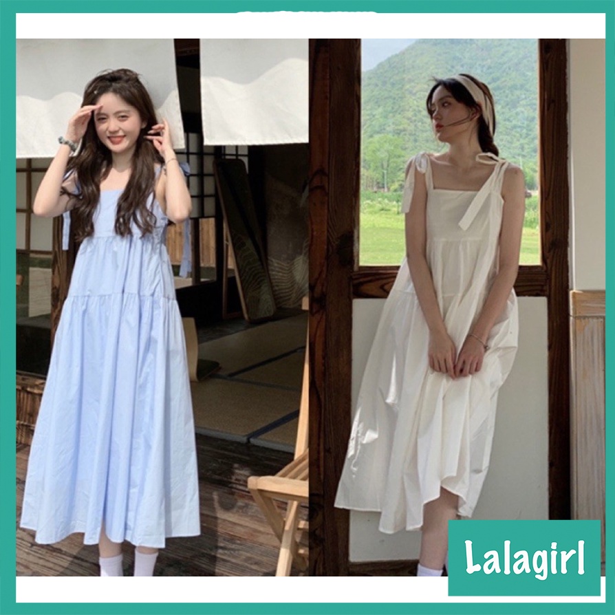 Váy Đầm Nữ 2 Dây Bản To Buộc Nơ 3 Tầng, Váy Nữ Babydoll Trơn Dáng Dài 2 Màu