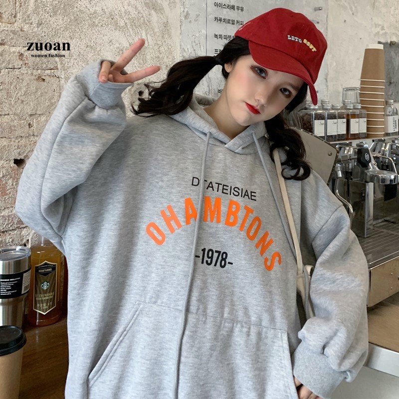 SUXI Áo Hoodie Nữ Tay Dài Dáng Rộng In Chữ Phong Cách Hàn Quốc