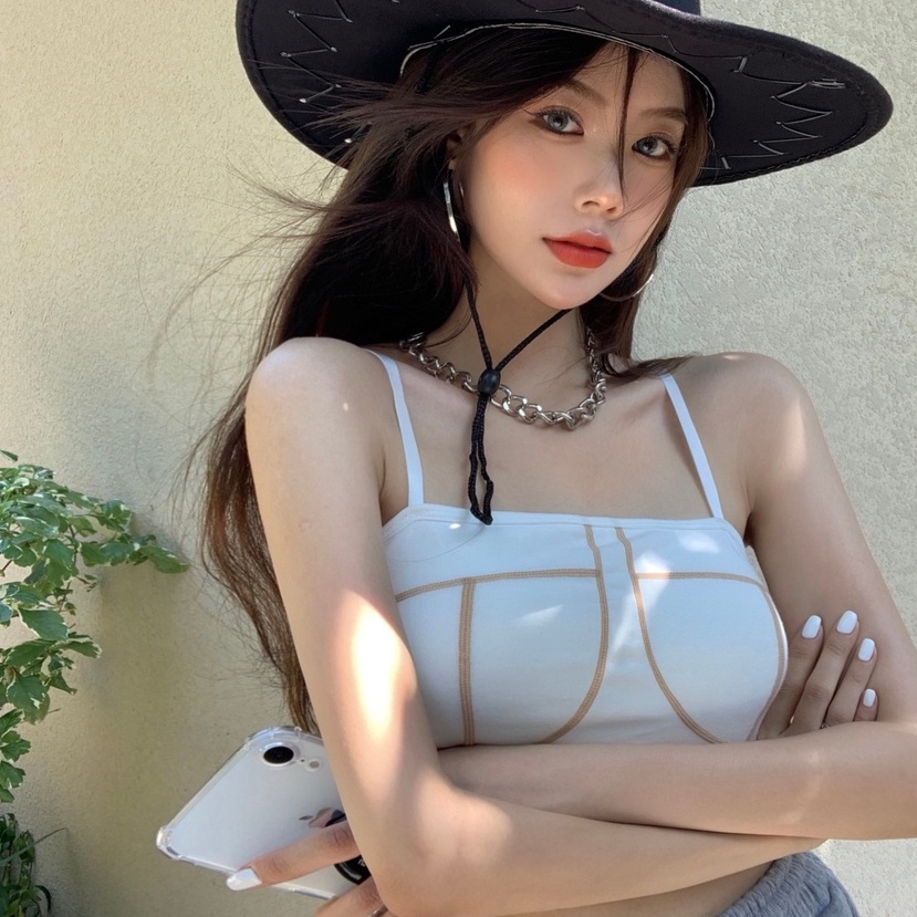 Áo hai dây dệt kim ZHELIHANGFEI dáng ngắn có đệm ngực phong cách gợi cảm