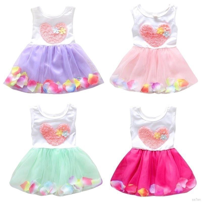 Đầm sát nách bằng vải tuyn đính trái tim/ cánh hoa xinh xắn cho bé gái