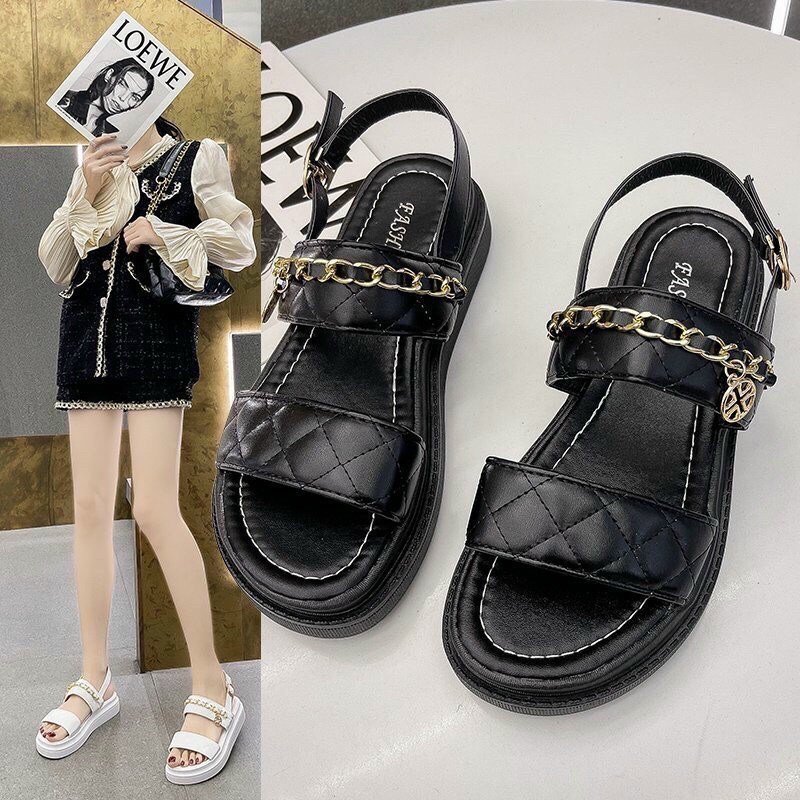 (freeship)giày dép sandal nữ quai da kẻ caro phối khoá vàng quai trên