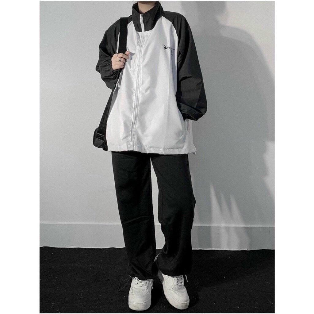 ÁO KHOÁC DÙ NAM NỮ UNISEX FORM RỘNG ACOVER MÀU TRẮNG TAY PHỐI ĐEN KÈM DÂY RÚT LAI CỰC CHẤT NITIQC