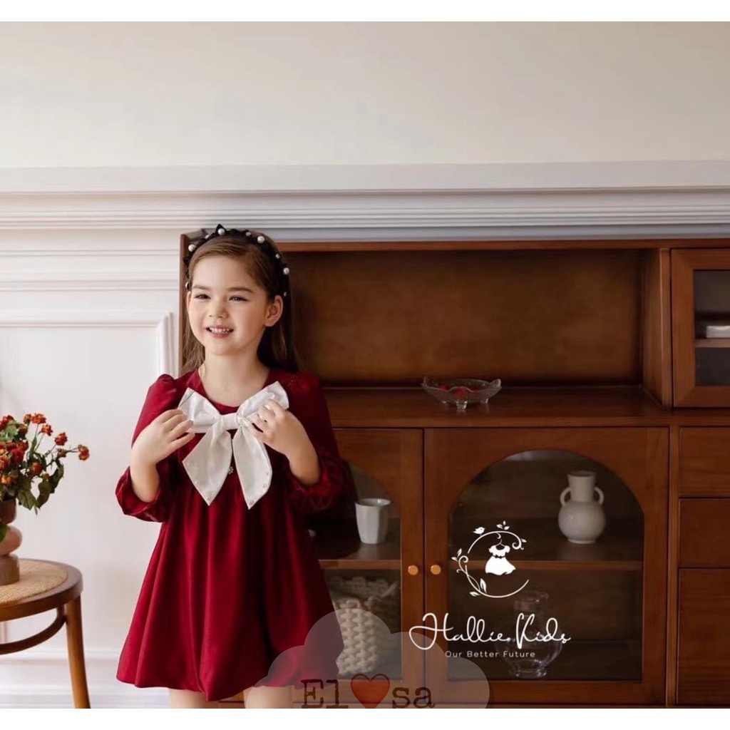 Váy bé gái dài tay nhung đỏ nơ cổ trắng cho bé diện Noel diện Tết 8-30kg XHN1079