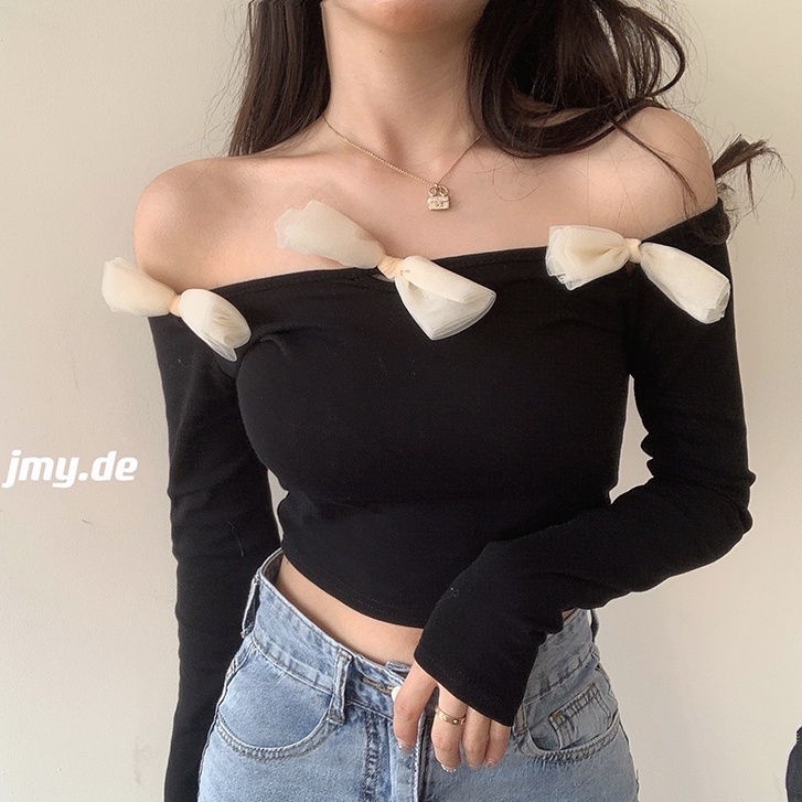 Áo thun bẹt vai tay dài cột nơ viền áo sexy mùa hè dành cho nữ / áo trễ vai thắt nơ AK44