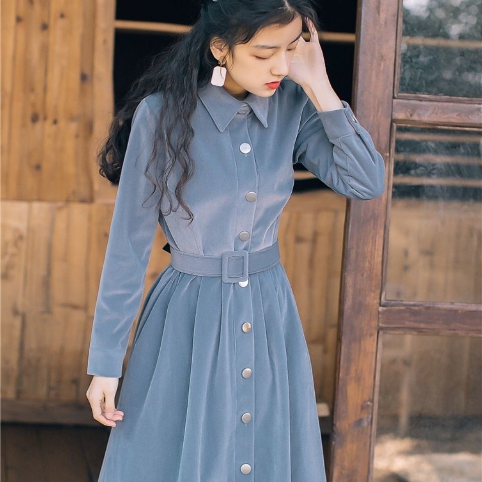 Đầm Nhung Dáng Dài Ôm Eo Phong Cách Retro Thanh Lịch Thời Trang Xuân Thu Hàng Mới