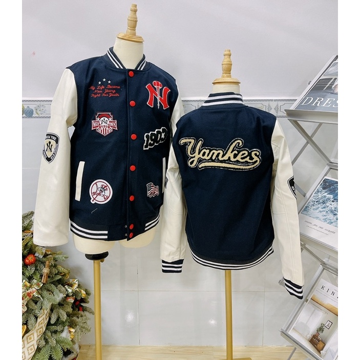 ÁO KHOÁC MLBNY BOMBER 1903 TAY DA TRẮNG - ÁO VARSITY NAM NỮ UNISEX - HÀNG CÓ SẴN
