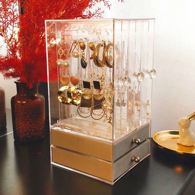 Hộp đựng khay đựng khuyên tai kết hợp ngăn kéo phụ kiện 3 cánh + 2 ngăn kéo - (HÀNG CÓ SẴN Mica Acrylic, Amica Kháng Vỡ