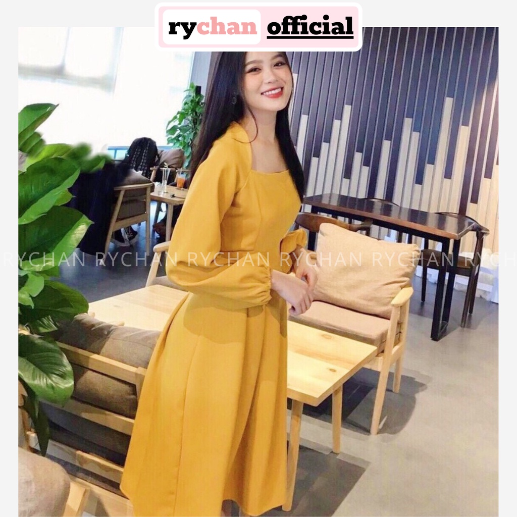 DX793 - Đầm Xòe Vàng Xếp Li Tay Dài