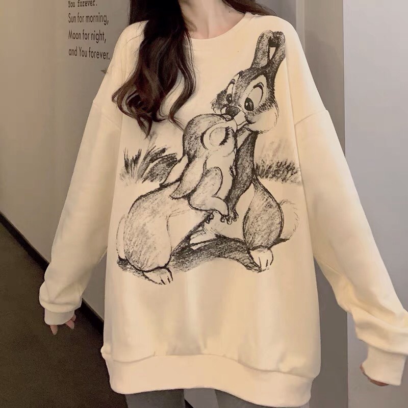 Áo Sweater Nỉ Hình Đôi Thỏ, Áo Thun Nữ Dài Tay Dáng Rộng In Hình Cute 2 Màu Freesize G063 | BigBuy360 - bigbuy360.vn