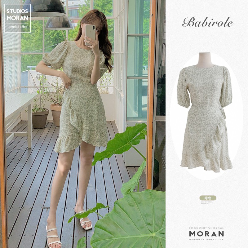 (ORDER) Váy MORAN voan hoa nhí tay phồng cổ tròn thon eo xòe nhún bèo đuôi cá chéo tà style Hàn Quốc (NEW_HOT)