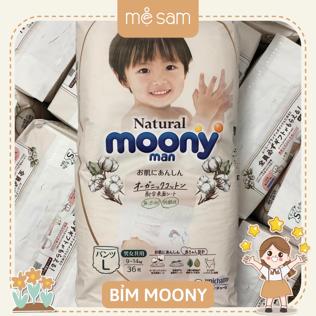Bỉm quần/dán MOONY NATURAL trắng từ bông hữu cơ, nội địa nhật đủ size NB63/S58/M46/L38/L36/XL32