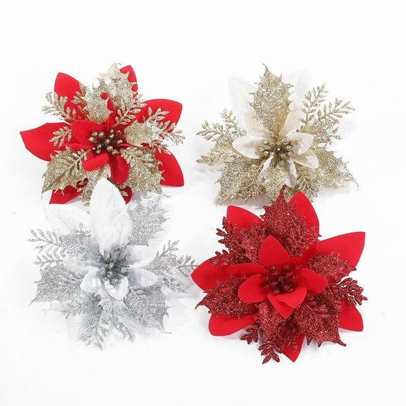 Bộ 5 Bông Hoa Đầu To 14cm Lấp Lánh Trang Trí Cây Thông Giáng Sinh / Năm Mới DIY