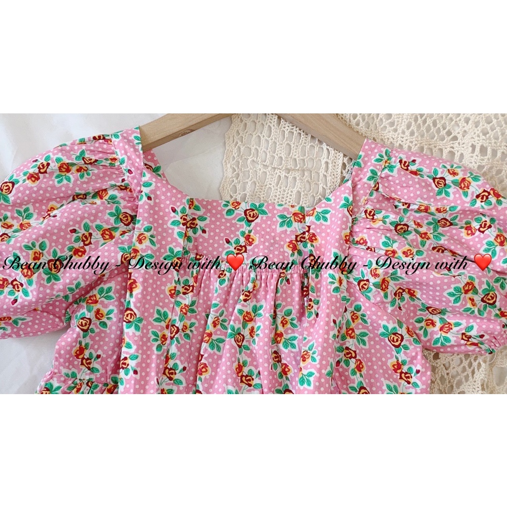 [Ảnh thật] Váy Thô Hoa Cổ Vuông Phối Nơ Lưng Tiểu Thơ Xinh Đẹp Chubby Beans