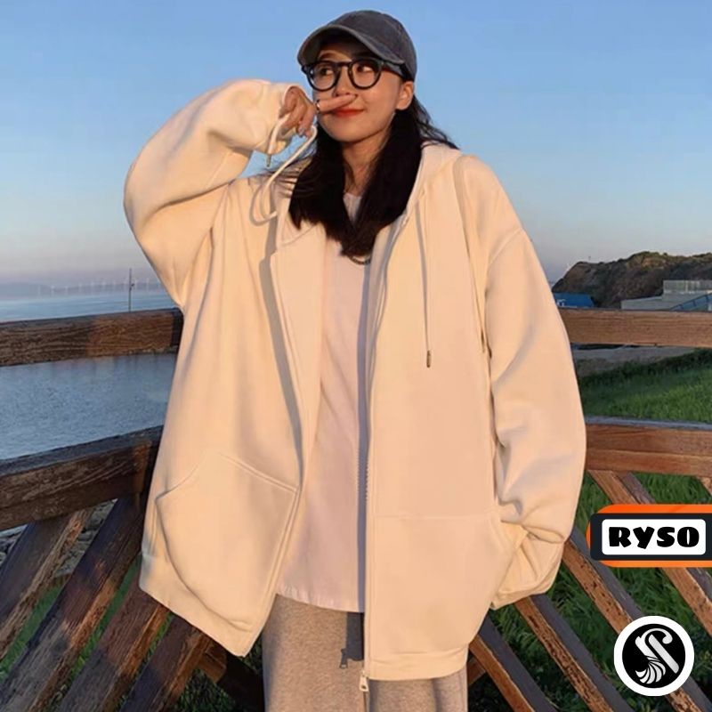 Áo khoác hoodie nỉ trơn tay bồng unisex form rộng chất nỉ ngoại dày dặn cao cấp có khóa kéo oversize dáng thụng