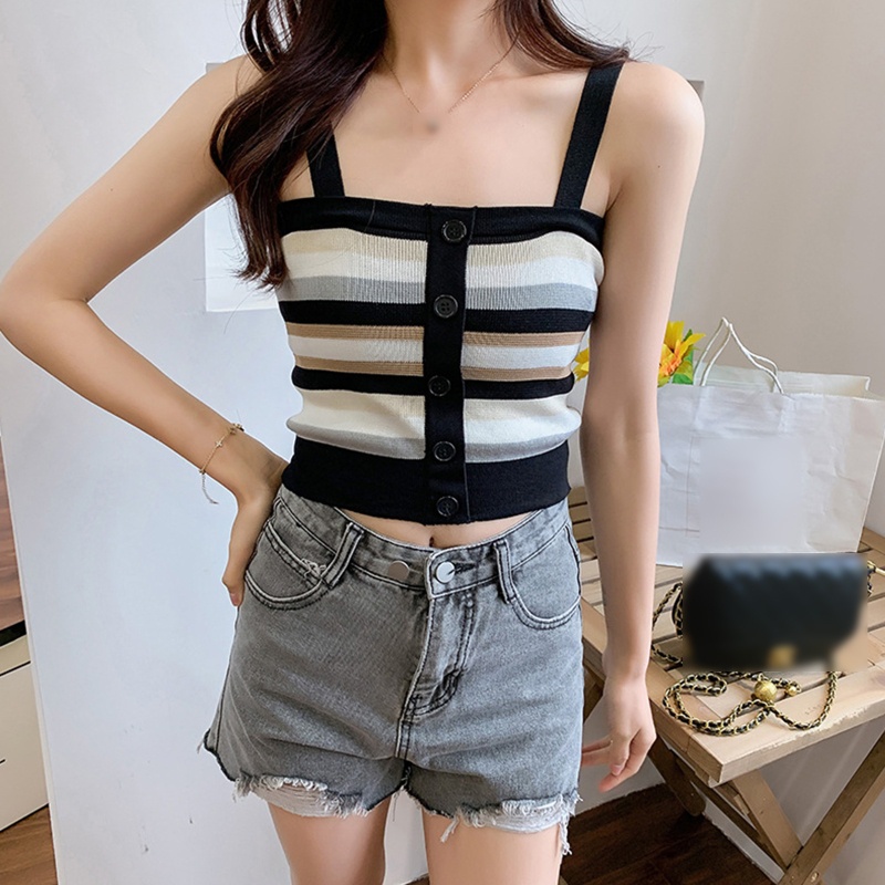 Áo Croptop Dệt Kim Sát Nách Kẻ Sọc Ngang Màu Sắc Tương Phản Thời Trang Cho Nữ