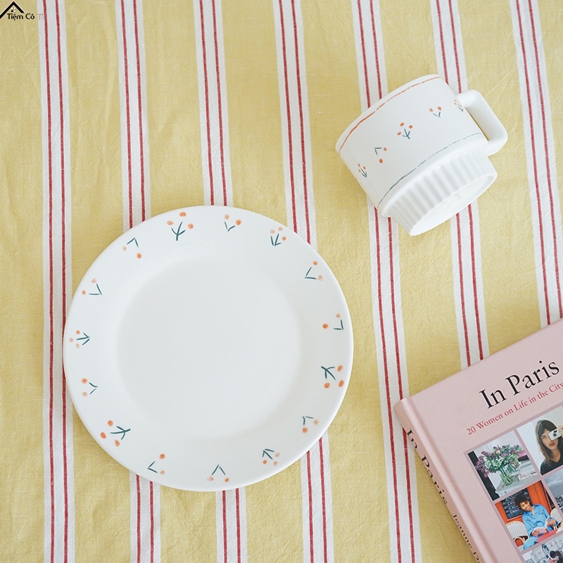 Set đĩa cốc vintgae hoạ tiết cherry vẽ tay