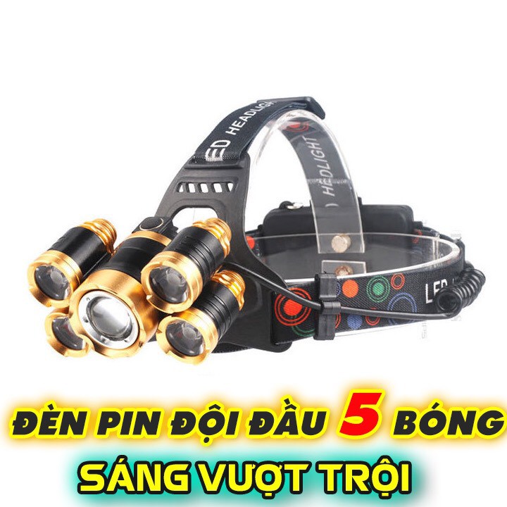 Đèn pin đội đầu 5 bóng siêu sáng 3 chế độ