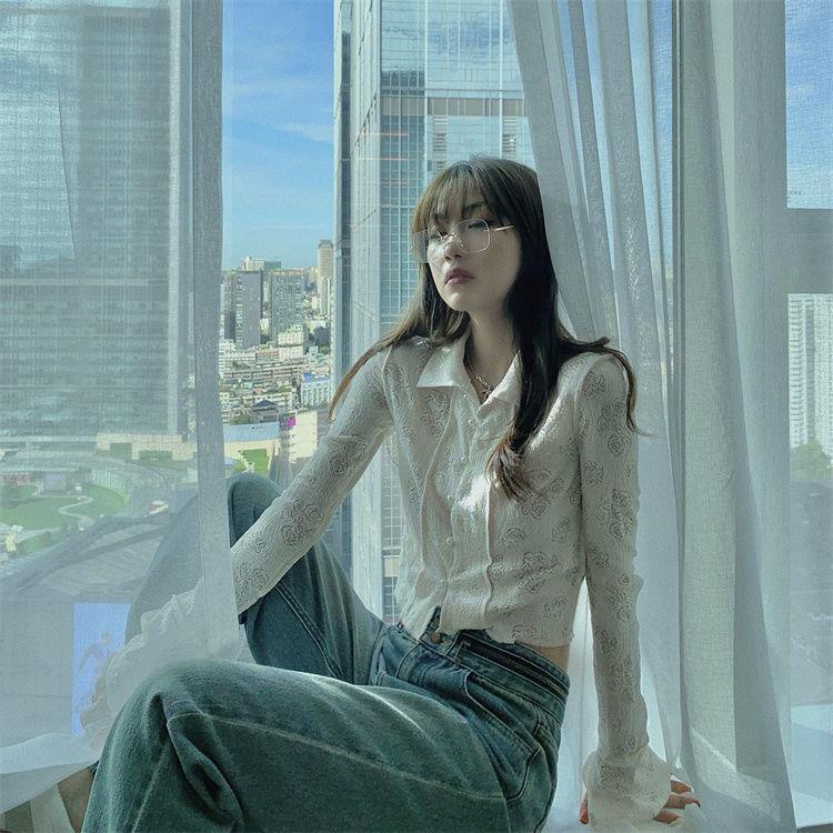 One Forget All Rỗng/&lt;Best Exclusive} Áo Sơ Mi Ren Hoa Hồng polo Dáng Ngắn Khí Chất Retro Cá Tính