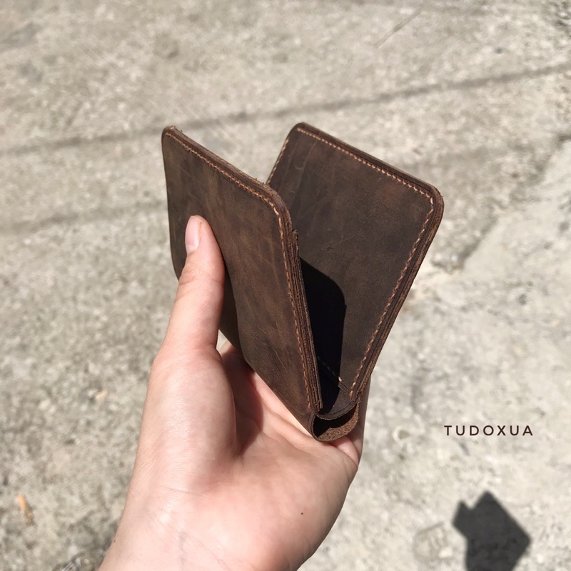 Ví da đứng khắc tên TUDOXUA MNS003 chất liệu da bò thật, tặng kèm móc khóa da