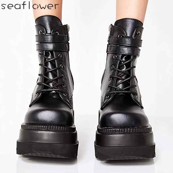 Giày Bốt Mũi Tròn Đế Dày Cột Dây Chống Thấm Nước Thời Trang Cho Nữ