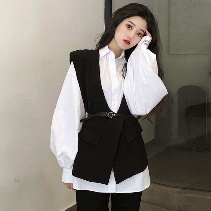 Bộ Áo Sơ Mi Tay Phồng + Áo Khoác Sát Nách Màu Đen Kiểu Retro Phương Tây Thời Trang Xuân Thu 2022 Cho Nữ