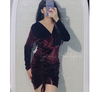 Đầm nhung sang trọng thiết kế nhún phần chân váy