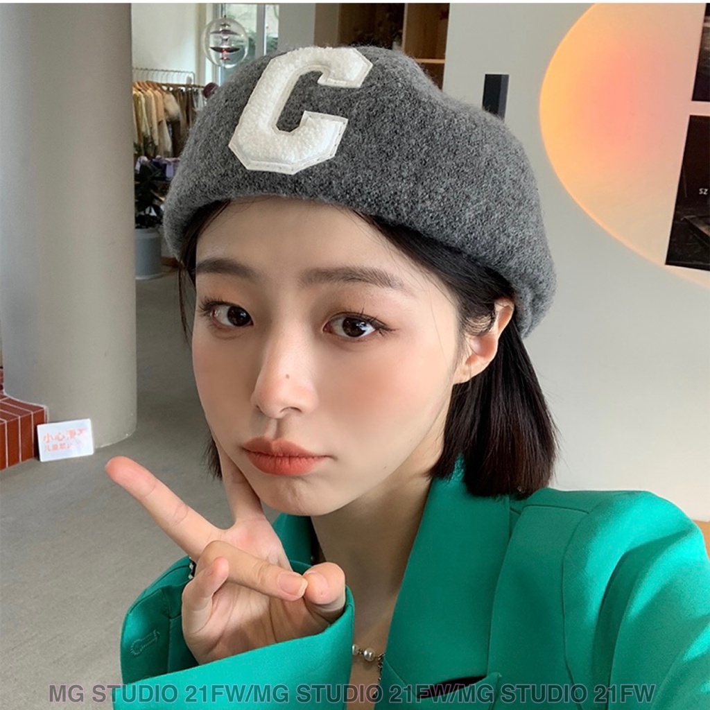Mũ beret MG STUDIO len thêu chữ cái C 6 màu sắc tùy chọn