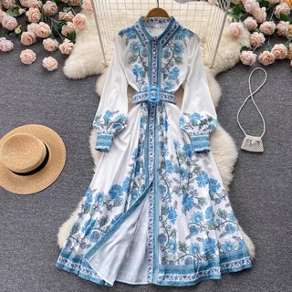 Đầm tay bồng hoạ tiết đính nút thắt đai
