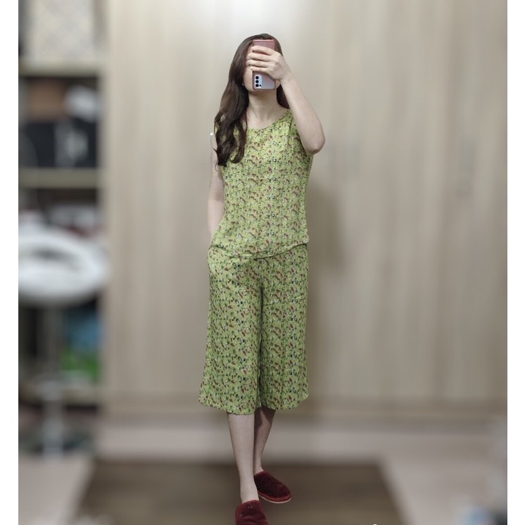 Bộ lanh nữ mặc nhà VT áo cánh tiên xẻ V sau quần ống sớ