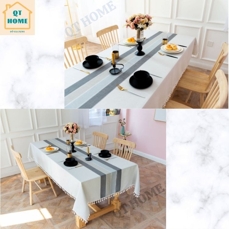 Khăn Trải Bàn Cao Cấp Bằng Vải Lanh Cotton Màu Xám Nhạt Viền tua rua