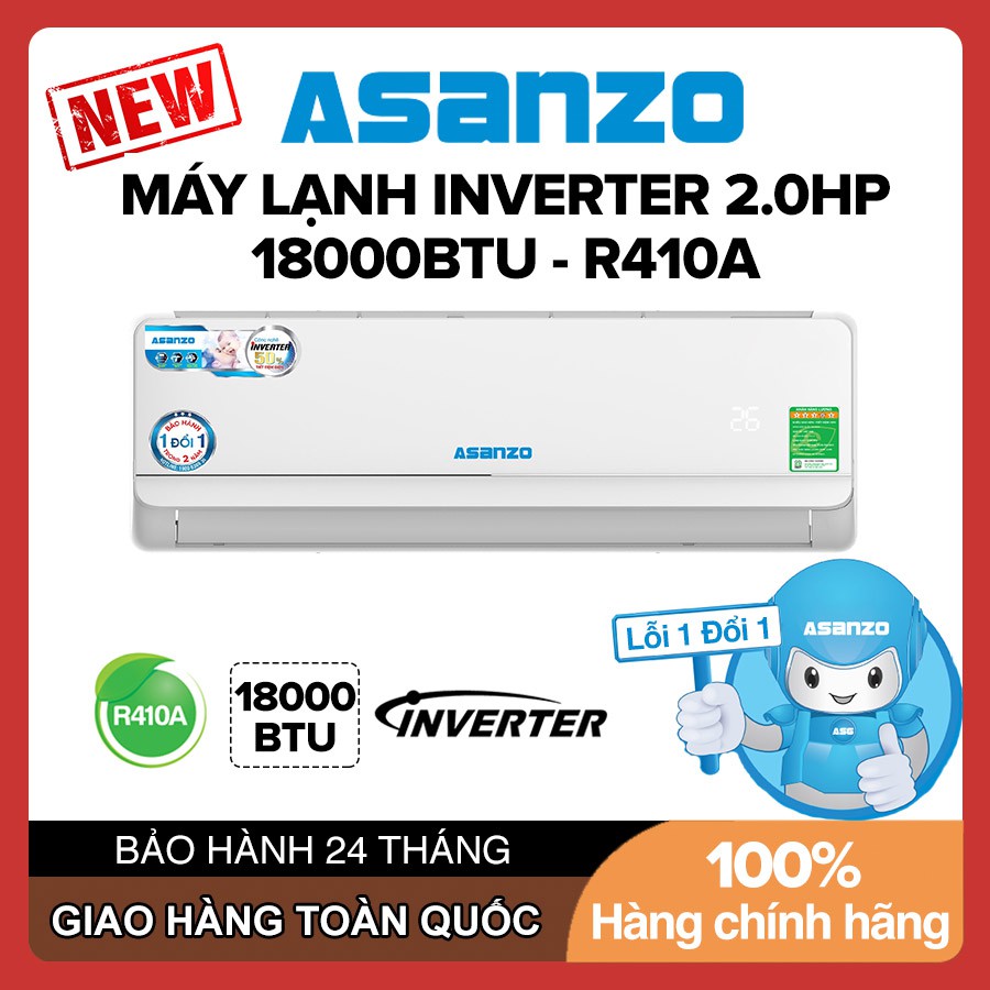 Máy Lạnh Asanzo Inverter K18N66 K18A 18000BTU (2.0HP) Phù Hợp Diện Tích 22-30m²  Máy lạnh giá rẻ - Bảo Hành 2 Năm