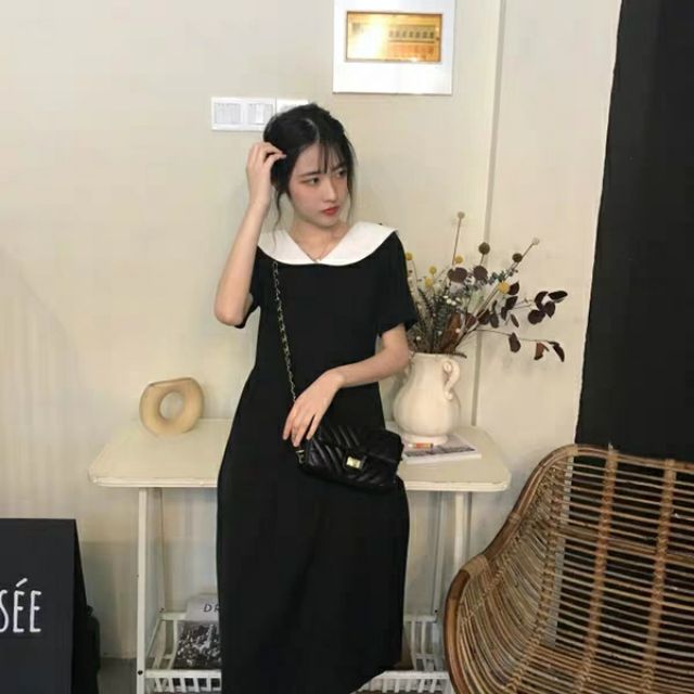 Đầm cổ lá sen dáng dài ulzzang order, ảnh thật bên phải