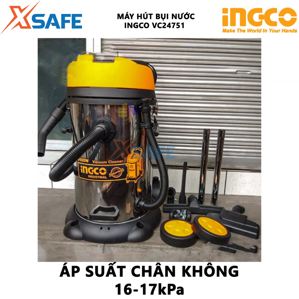 Máy hút bụi INGCO VC24751 1200W, hút bụi khô và ướt, dung tích 75L, bình chứa thép không gỉ, dây cáp 5.5m, kèm phụ kiện