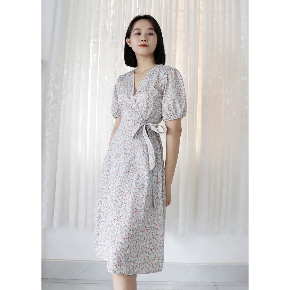 Đầm váy nữ hoa nhí dáng dài, cổ chéo dễ thương, xinh xắn Rolisa RD049 màu cam hồng | BigBuy360 - bigbuy360.vn