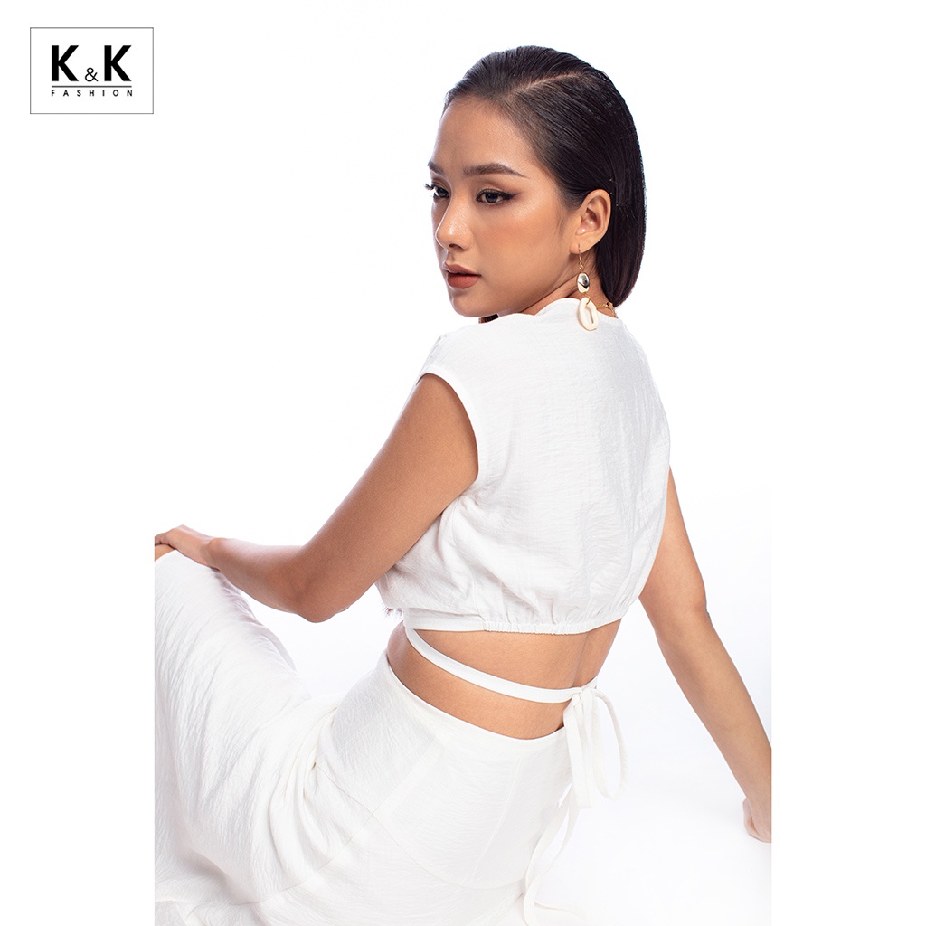Áo Croptop Trắng K&amp;K Fashion ASM06-08 Kiểu Đắp Chéo Sát Nách Chất Liệu Đũi Xô
